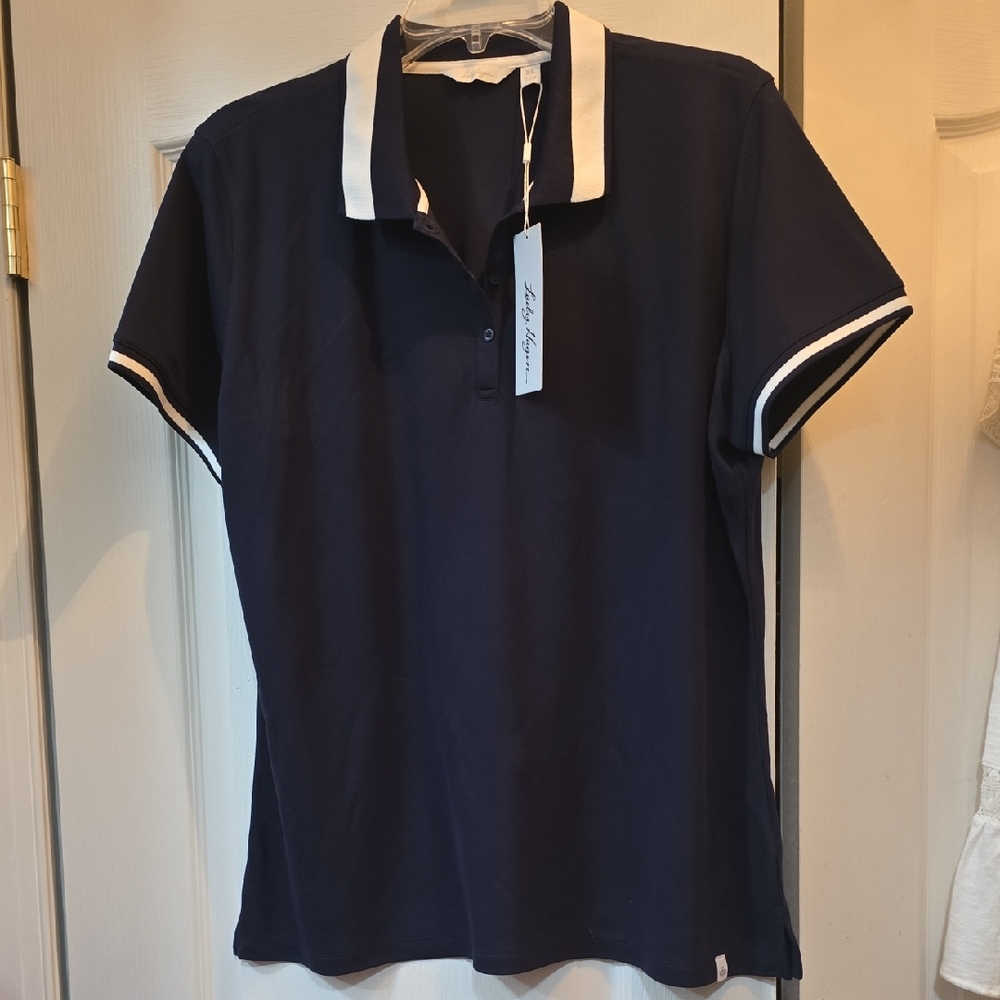 Lady Hagen Navy Blue Button Down Shirt with White Accents